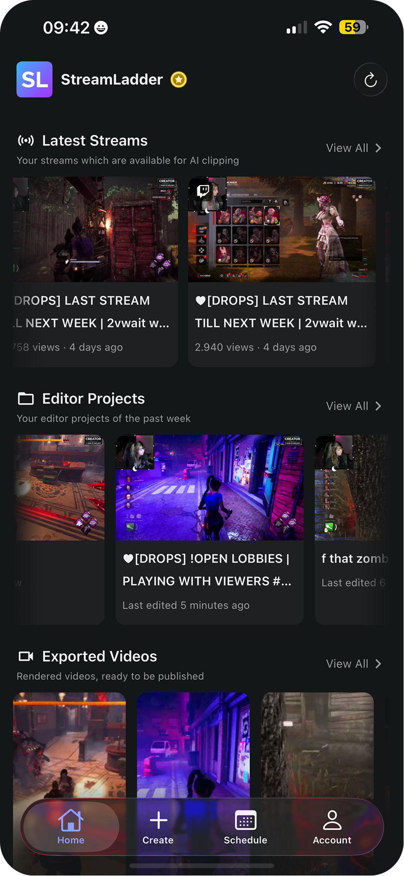 StreamLadder app home screen showing your latest streams, editor projects, and exported videos